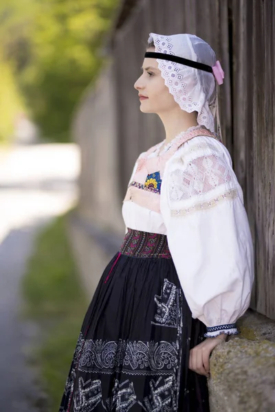 Młoda Piękna Słowianka Tradycyjnej Sukience Słowacki Folklor — Zdjęcie stockowe