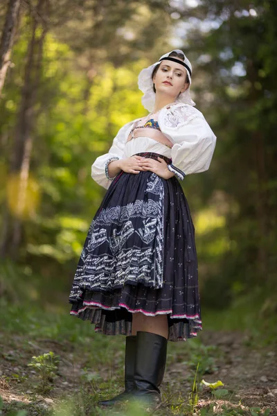 Mladá Krásná Slovenská Žena Tradičních Šatech Slovenský Folklór — Stock fotografie