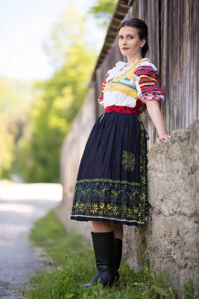 Schöne Mädchen Nationalen Slowakischen Und Osteuropäischen Trachten Nehmen Der Folklore — Stockfoto