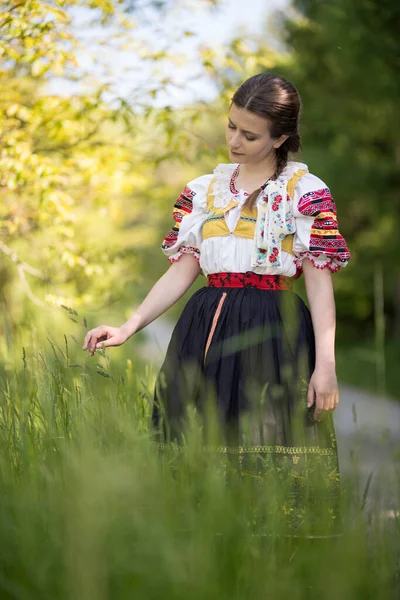 Beautiful Woman Wearing Traditional Slovak Folk Costumes — Stock Photo, Image