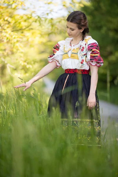 Schöne Frau Traditionellen Slowakischen Trachten — Stockfoto