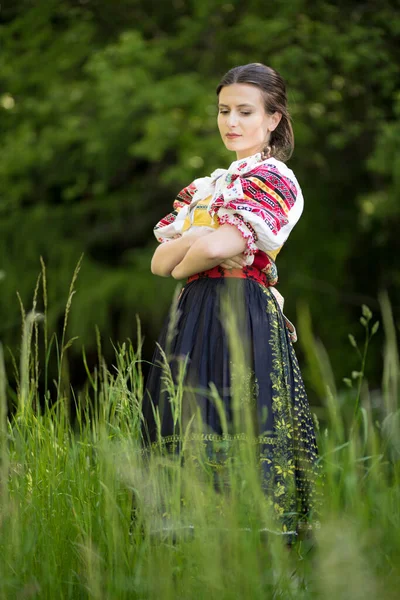 Hermosa Mujer Con Trajes Tradicionales Eslovacos Populares — Foto de Stock