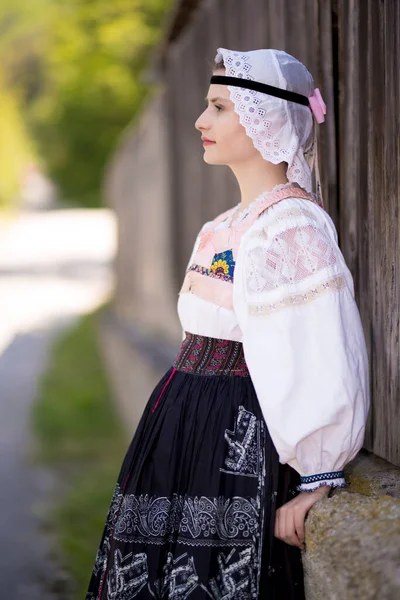 Geleneksel Slovak Halk Kostümleri Giyen Güzel Bir Kadın — Stok fotoğraf