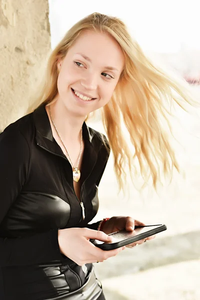 Sexy blonde girl with phone — Stock Photo, Image