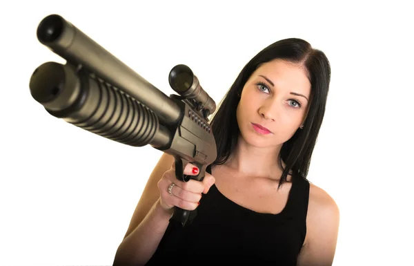 Beautiful woman with gun — Stockfoto