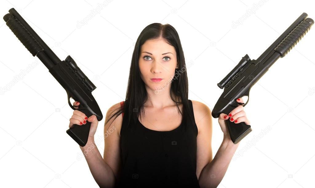 Beautiful woman with two guns