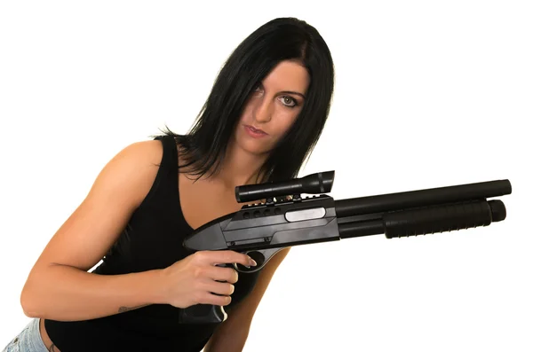 Vakker kvinne med våpen – stockfoto