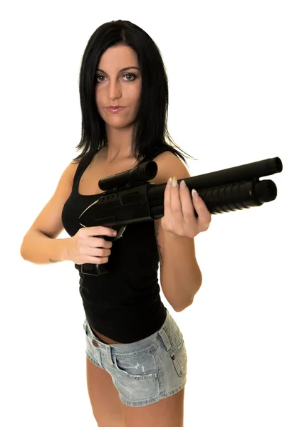 Beautiful woman with gun — Stok fotoğraf