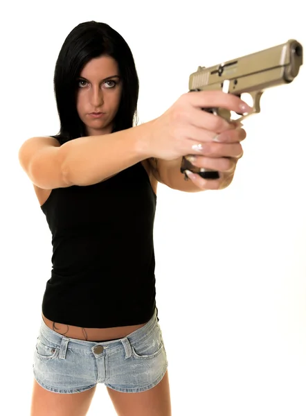 Beautiful woman with gun — Stockfoto