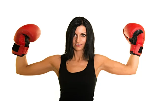 Mujer con guantes de boxeo rojos — Foto de Stock