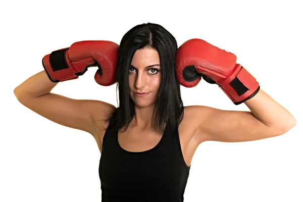 Mulher em luvas de boxe vermelho — Fotografia de Stock