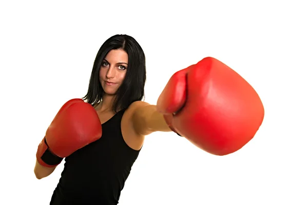 Vrouw in rode bokshandschoenen — Stockfoto