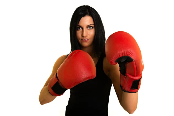 Woman in red boxing gloves — Stock Photo, Image