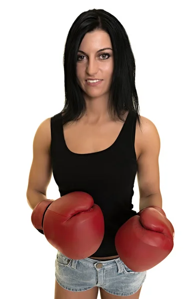 Femme en gants de boxe rouge — Photo