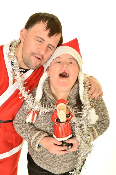 Down casal síndrome na época do Natal — Fotografia de Stock