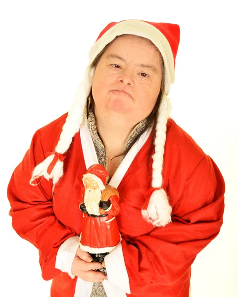 산타 모자에서 다운 증후군을 가진 여자 — 스톡 사진