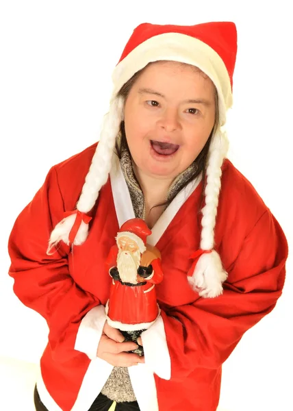 Kvinna med Downs syndrom i santa hatt — Stockfoto
