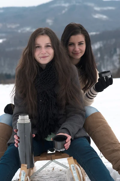 Two girlfriends sledge downhill — Stock Photo, Image