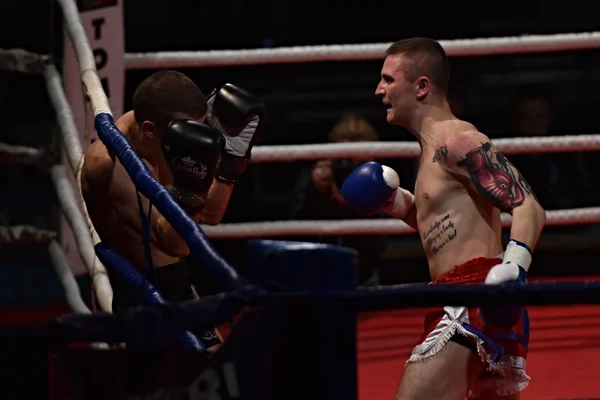 Fuerte luchador y su oponente durante una pelea en un ring Combat Fight Night — Foto de Stock