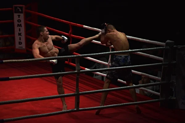 Fuerte luchador y su oponente durante una pelea en un ring Combat Fight Night — Foto de Stock