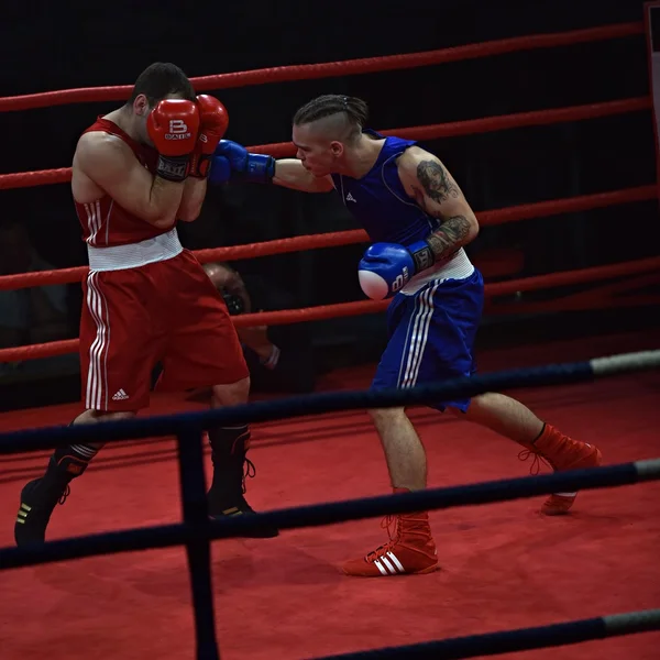 Fuerte luchador y su oponente durante una pelea en un ring Combat Fight Night — Foto de Stock