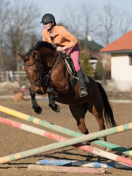 Femme débarrassant son cheval — Photo