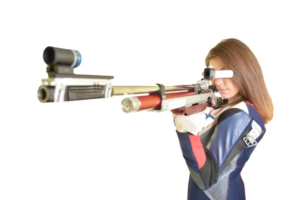 Mujer entrenamiento deporte tiro con pistola de aire comprimido —  Fotos de Stock