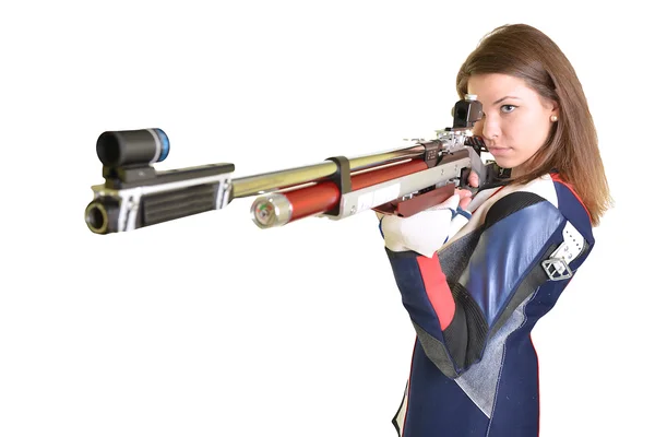 Mujer entrenamiento deporte tiro con pistola de aire comprimido — Foto de Stock