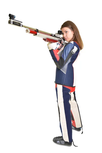 Kvinna utbildning sport skytte med luftgevär pistol — Stockfoto