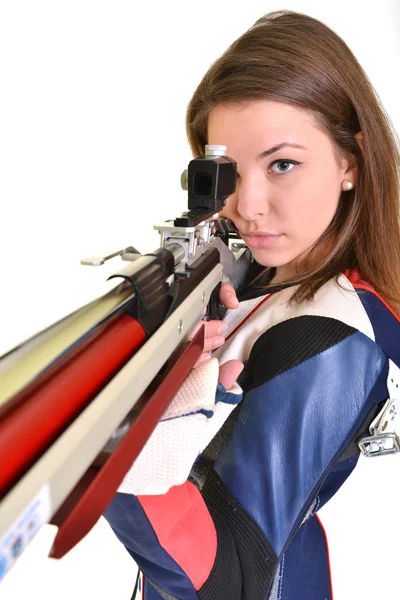 Mujer entrenamiento deporte tiro con pistola de aire comprimido — Foto de Stock