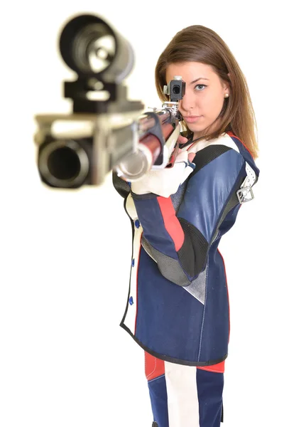 Mujer entrenamiento deporte tiro con pistola de aire comprimido — Foto de Stock