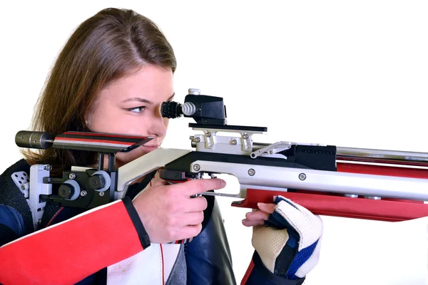 Woman training sport shooting with air rifle gun — Stock Photo, Image
