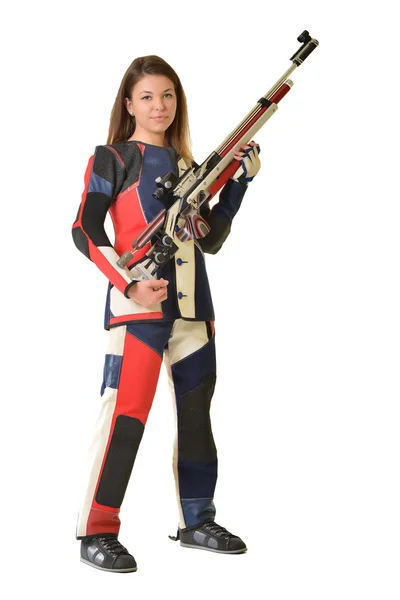 Mujer entrenamiento deporte tiro con pistola de aire comprimido — Foto de Stock
