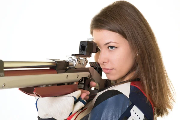 Mulher treinamento esporte tiro com arma de fuzil de ar — Fotografia de Stock