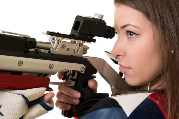 Mujer entrenamiento deporte tiro con pistola de aire comprimido —  Fotos de Stock