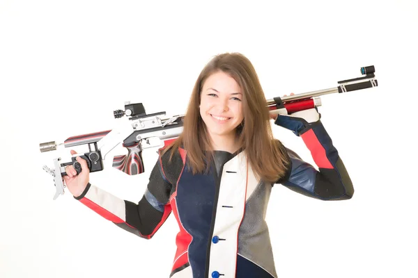 Woman training sport shooting with air rifle gun — Stock Photo, Image