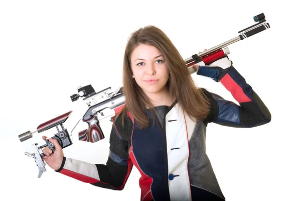 Nainen koulutus urheilu ammunta ilmakivääri ase — kuvapankkivalokuva