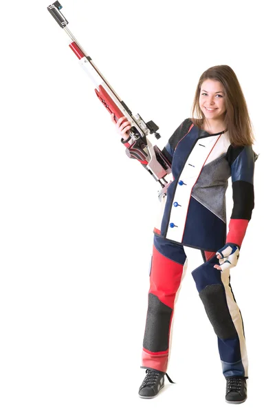 Mujer entrenamiento deporte tiro con pistola de aire comprimido — Foto de Stock