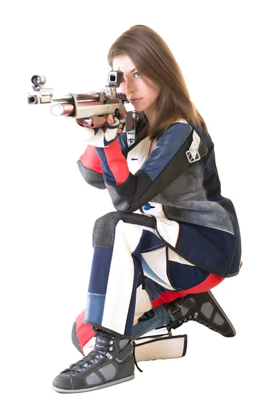 Mujer entrenamiento deporte tiro con pistola de aire comprimido — Foto de Stock