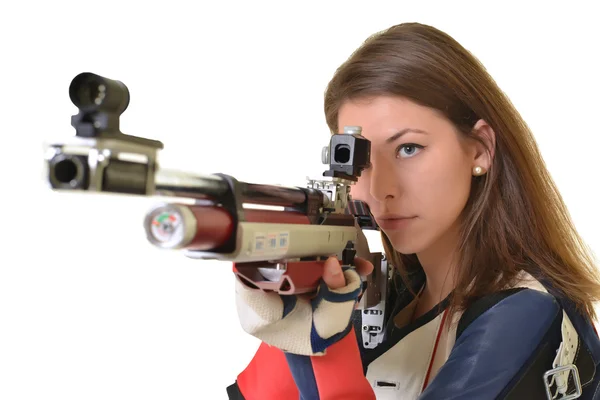 Mujer entrenamiento deporte tiro con pistola de aire comprimido — Foto de Stock