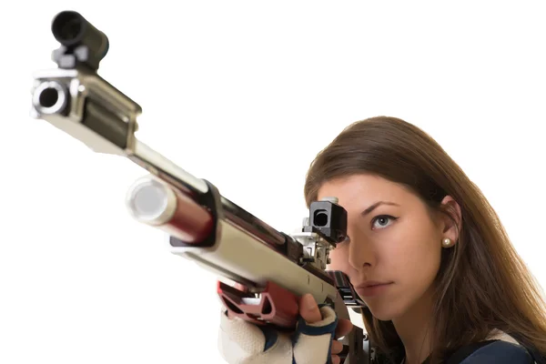 Woman training sport shooting with air rifle gun — Stock Photo, Image