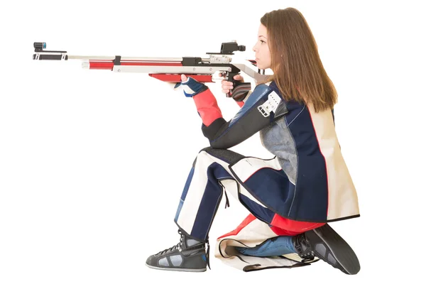 Mujer entrenamiento deporte tiro con pistola de aire comprimido — Foto de Stock