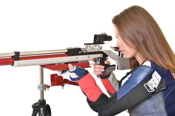 Mujer entrenamiento deporte tiro con pistola de aire comprimido — Foto de Stock