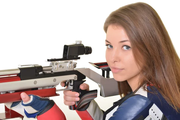 Mulher treinamento esporte tiro com arma de fuzil de ar — Fotografia de Stock