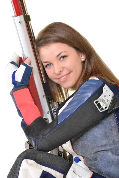 Mujer entrenamiento deporte tiro con pistola de aire comprimido —  Fotos de Stock