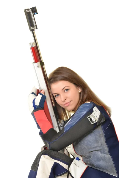 女性トレーニング スポーツ エアライフル銃で撃つ — ストック写真
