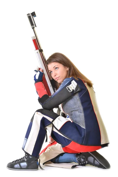 Mujer entrenamiento deporte tiro con pistola de aire comprimido — Foto de Stock