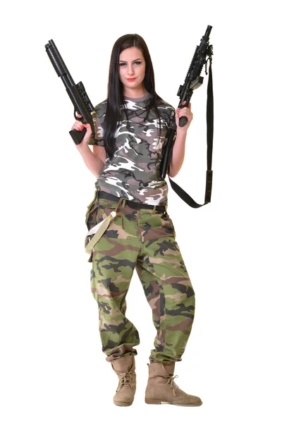 Beautiful woman with guns — Stock Photo, Image