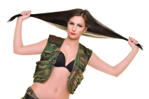 Güzel kız giyiyor ordu giysileri — Stok fotoğraf
