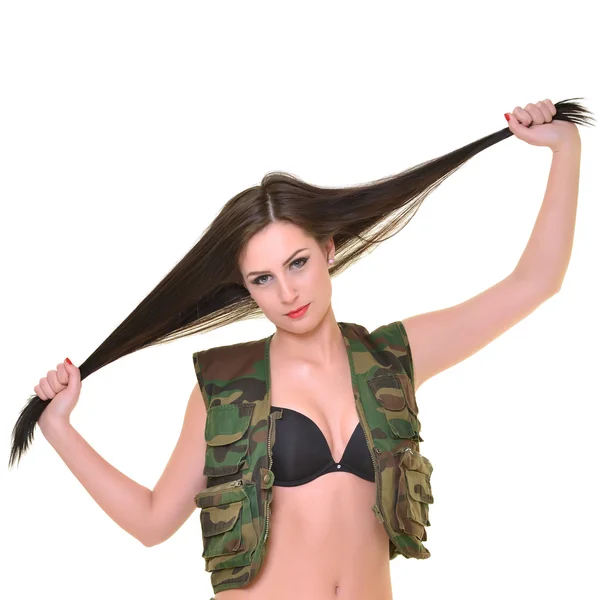 Güzel kız giyiyor ordu giysileri — Stok fotoğraf